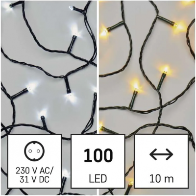 Lampki choinkowe 100LED 10m, 2 w 1 zimna biel lub ciepła biel, czarny, 8 programów, IP44 EMOS (D4AL05)